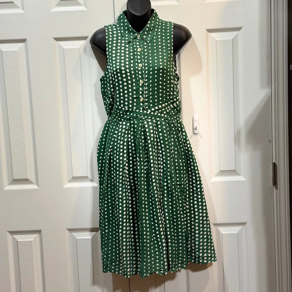 NWT 11 1 Tylho‎ Polka Dot Green Sleeveless Shirt Dress Midi Fit Flare Size Small